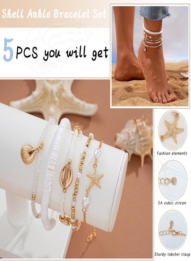 Shall Shell Boho Shell Ankle Bracelet Set for Women, 5 Pairs 14K Boho Bead Handmade Adjustable Anklet, Hawaiian Beach Seashell Starfish Foot Jewelry Gifts - Image 4